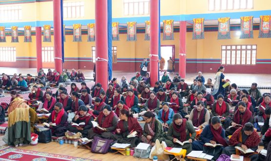 On the second day of prayer ceremonies for the upcoming Sacred Exposition of the Holy Relics of Tathagata Buddha, monks from Likir Monastery conducted a solemn prayer ceremony at Dharma Centre in Choglamsar.