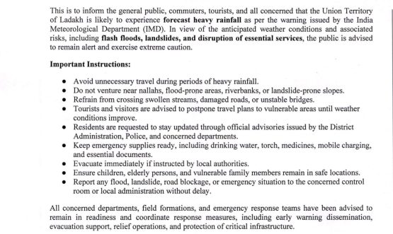 DMRRR Department Issues Public Advisory in View of Forecast Heavy Rainfall Across Ladakh.