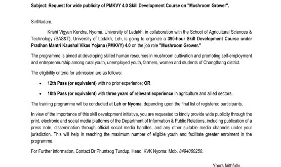 KVK Nyoma to Organise PMKVY 4.0 Skill Development Course on Mushroom Cultivation.