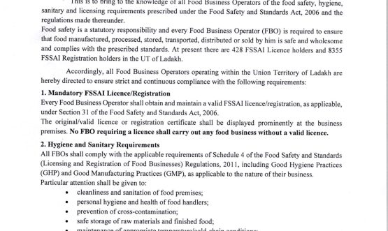 Food Business Operators in Ladakh directed to ensure strict FSSAI Compliance.