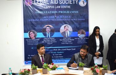 The Orientation Programme on the theme “Access to Justice: Linking Campus to Community Solutions” was held on 3rd September 2025 at the Campus Law Centre, University of Delhi. The Guest of Honour, Shri Rajeev Bansal, Ld. Member Secretary, DSLSA, delivered the special address in the presence of the Hon’ble Chief Guest, Shri Dharmesh Sharma, Former Judge, Delhi High Court, Prof. (Dr.) Anju Vali Tikoo, Dean, Faculty of Law, Prof. (Dr.) Gunjan Gupta, Professor-in-Charge, and other distinguished faculty members. Shri Bansal emphasized that justice was not confined to courtrooms or law books but lived in every corner where people were denied a voice. He highlighted that legal aid acted as the bridge between law and the people, and DSLSA remained committed to this mission through awareness camps, para-legal volunteers, and legal service advocates. He underlined the crucial role of law students, calling them future lawyers, judges, legislators, and reformers, and encouraged their active participation in literacy drives, awareness campaigns, legal research, and community outreach. He further expressed gratitude to the Chief Guest, faculty members, and the Legal Aid Society for their contribution towards strengthening legal education and social justice. Concluding his address, he invoked Benjamin Franklin’s words, urging students to turn their outrage into action, to use their legal knowledge as an instrument of service, and to transform their academic journey into a moral and civic mission. Approx 80 Law students were present there in the hall of Campus Law Centre.