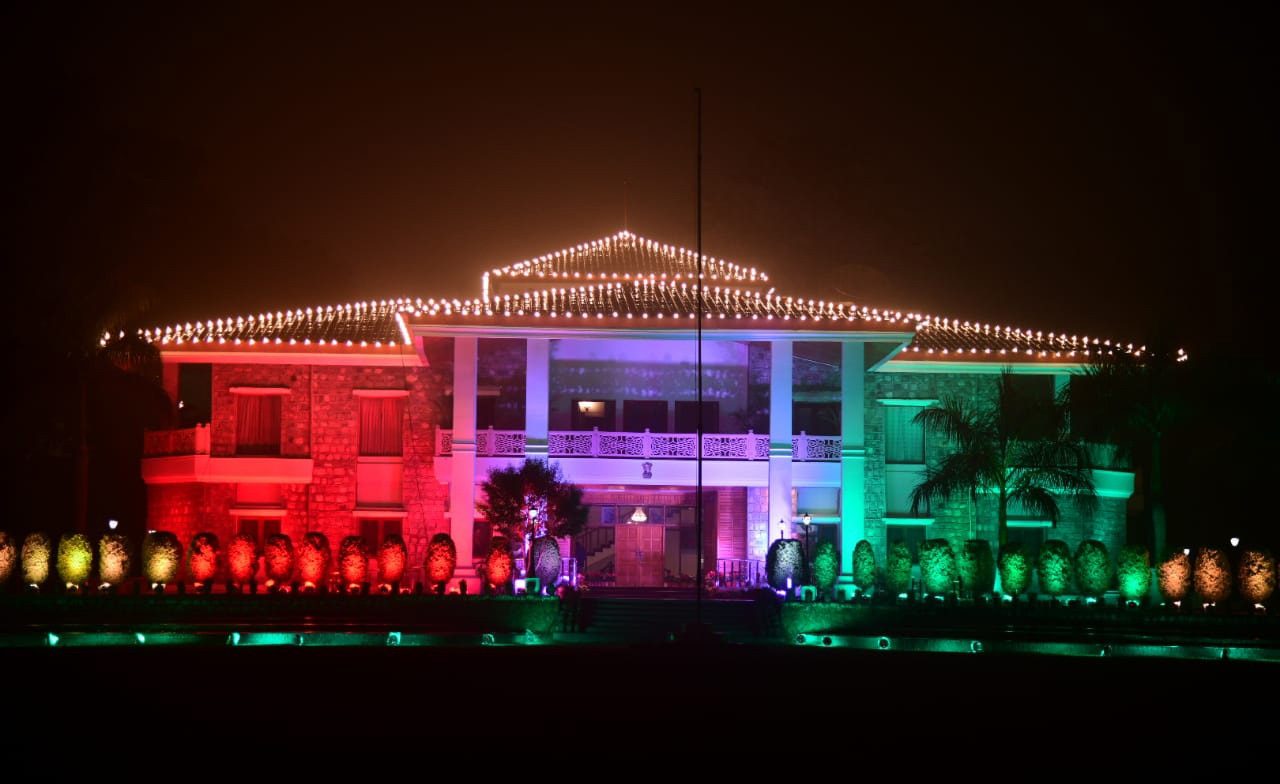 Raj Bhawan, Uttarakhand lit up with lights on the eve of Republic Day.