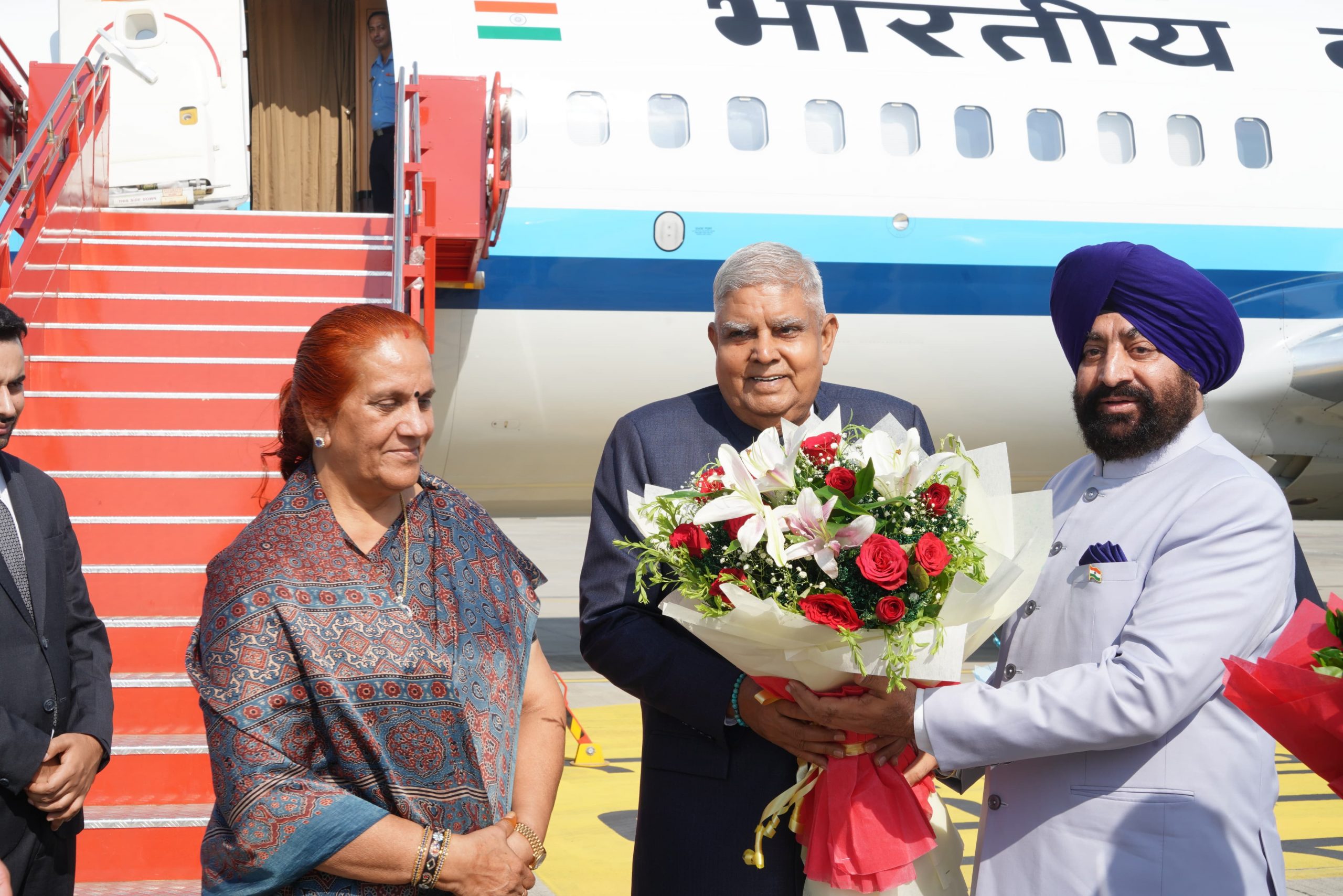 Governor welcoming Vice President, Shri Jagdeep Dhankhar ji, on his arrival at Jolly Grant Airport, Dehradun.
