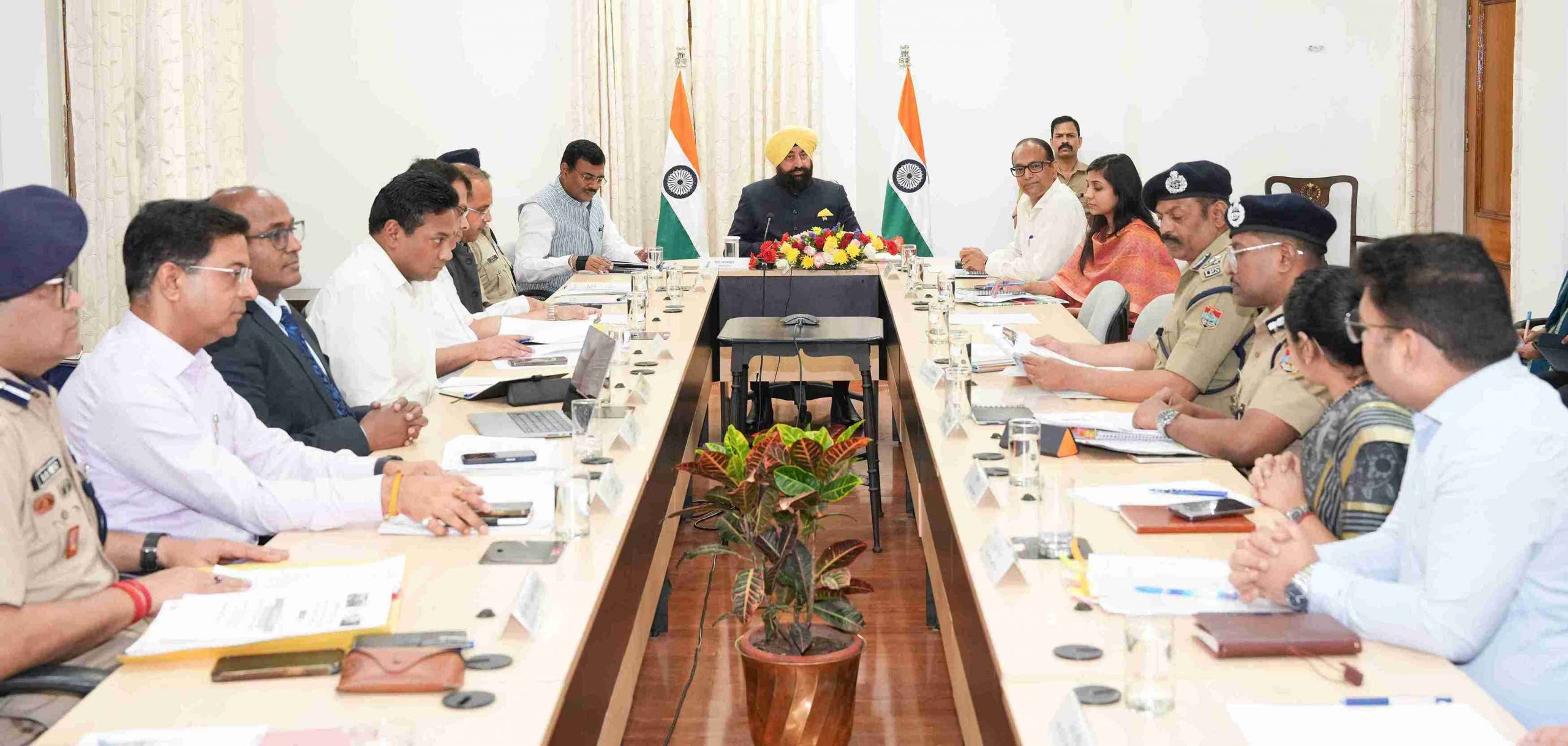 Governor presiding over a meeting with officials regarding the preparations for the Uttarakhand Chardham Yatra at Raj Bhawan.