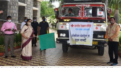 Governor Smt. Baby Rani Maurya flagged off the vehicles carrying medical equipments and other related material for the hilly regions of the state from the Raj Bhawan.