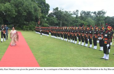 Governor Smt Maurya was given the guard of honour by a contingent of the Indian Army s Corps Maratha Battalion at the Raj Bhavan