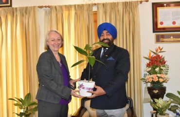 Governor Lieutenant General Gurmeet Singh (Secretary) presenting an aromatic plant as a memento to British Deputy High Commissioner Carolyn Rowett at Raj Bhavan.