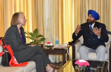 British Deputy High Commissioner Caroline Rowett talks to Governor Lt. Gen. Gurmit Singh (Retd.) at Raj Bhawan.