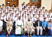 Governor Lt Gen Gurmit Singh (Retd) with school students on the occasion of the Investiture ceremony of St. Joseph's Academy.;?>