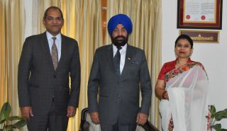 Governor with the Ambassadors of India to Slovenia and Tajikistan Smt. Namrata Kumar and Shri Viraj Singh at the Raj Bhawan.