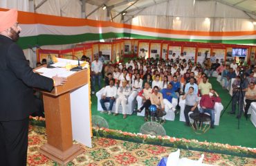 Governor Lt Gen Gurmit Singh (Retd) addressing at the inauguration ceremony of the photo exhibition organized at Pavilion Ground, Dehradun.