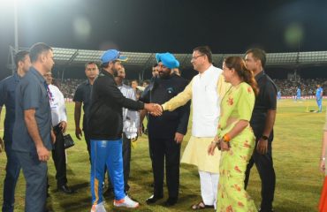 Governor and Chief Minister Pushkar Singh Dhami meeting the Legends players of the ongoing Road Safety World Series at Rajiv Gandhi International Cricket Stadium.