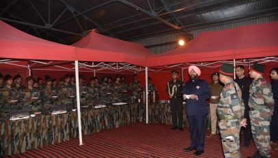 Governor Lt Gen Gurmit Singh (Retd) interacting with soldiers in Harshil, Uttarkashi.