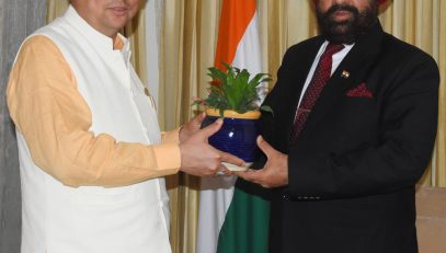 Chief Minister Pushkar Singh Dhami paying a courtesy call on the Governor.