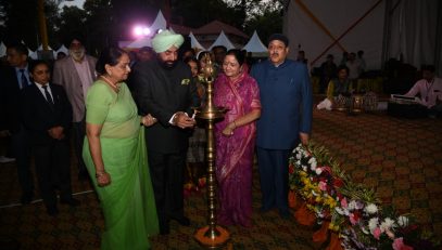 Inaugurating the cultural evening organized on the second day of Vasantotsav-2023 by lighting the lamp, Governor, First Lady Mrs. Gurmeet Kaur, Chief of Hans Foundation Mata Mangla and Bhole Ji Maharaj.