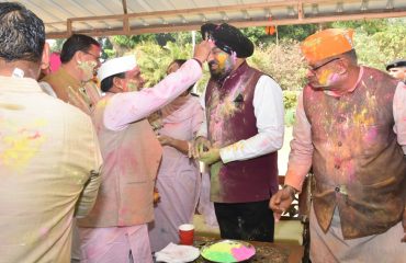 Governor celebrates Holi Milan with Chief Minister Pushkar Singh Dhami and other public representatives at Raj Bhawan.