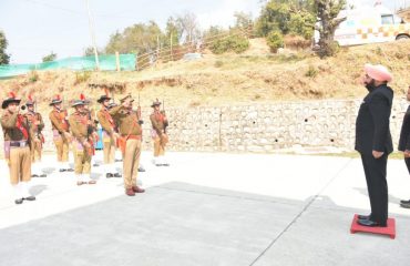 Police personnel conduct the guard of honor to recieve Governor at Bharadisain helipad.