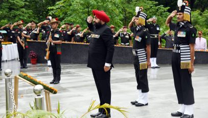 Governor Lt. Gen. Gurmit Singh (Retd) pays tribute to the brave martyrs by laying a wreath at the martyr's memorial located at Chirbagh, Shaurya Sthal.