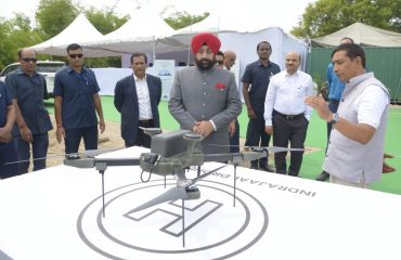 Governor Lt. Gen. Gurmit Singh (Retd) visits the exhibition at the launch of “Indrajal”, a drone defense system developed by Green Robotics, in Hyderabad.