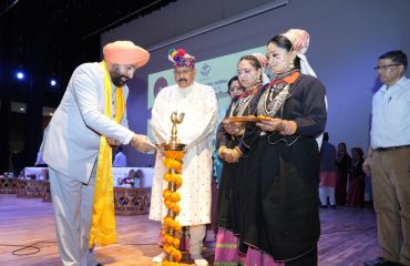 Governor Lt Get Gurmit Singh (Retd) and Cabinet Minister Satpal Maharaj inaugurate the Uttarakhand Folk Dance Cultural Program by lighting the lamp at Himalayan Cultural Centre, Garhi Cantt.