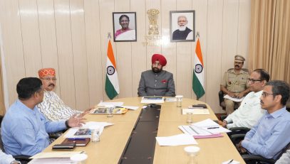 Officials of Uttarakhand Tourism Department and Civil Aviation Department give presentation of the work being done for tourism development in front of Governor Lt Gen Gurmit Singh (Retd).