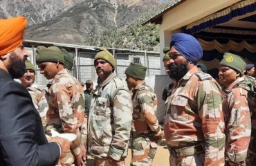 Governor Lt Gen Gurmit Singh (Retd) meets ITBP, Army and BRO soldiers at Malari, adjacent to the China border in Chamoli district.