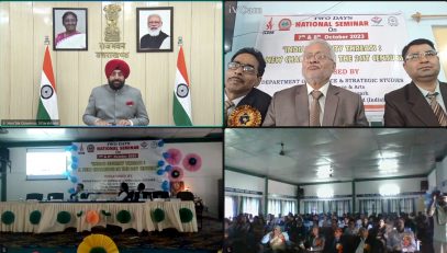 Governor Lt Gen Gurmit Singh (Retd) virtually addresses the inaugural session of the two-day seminar of SSJ University.