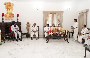 Founder Chairman, International Karate Organization Shri Dev Nath and championship winning children pay courtesy call on Governor Lt Gen Gurmit Singh (Retd).