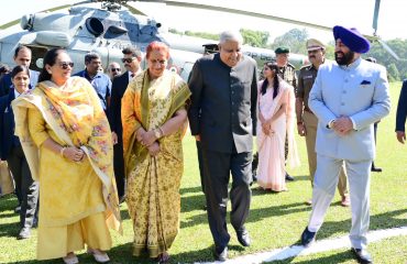 Governor Lt Gen Gurmit Singh (Retd) welcoming and congratulating Vice President Shri Jagdeep Dhankhar on his arrival in Dehradun on a two-day visit to Uttarakhand.