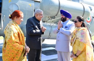 Governor Lt Gen Gurmit Singh (Retd) welcoming and congratulating Vice President Shri Jagdeep Dhankhar on his arrival in Dehradun on a two-day visit to Uttarakhand.