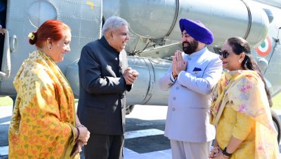 Governor Lt Gen Gurmit Singh (Retd) welcoming and congratulating Vice President Shri Jagdeep Dhankhar on his arrival in Dehradun on a two-day visit to Uttarakhand.