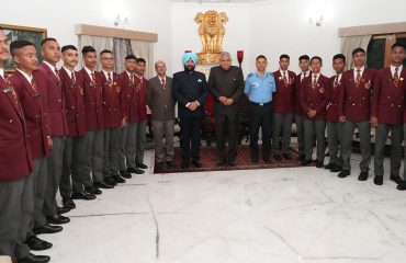 Vice President Shri Jagdeep Dhankhar and Governor Lt Gen Gurmit Singh (Retd) with the students of Sainik School, Ghorakhal.