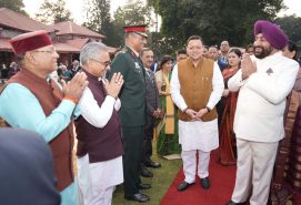 Governor meeting Chief Minister Pushkar Singh Dhami and other dignitaries on the occasion of High Tea program.