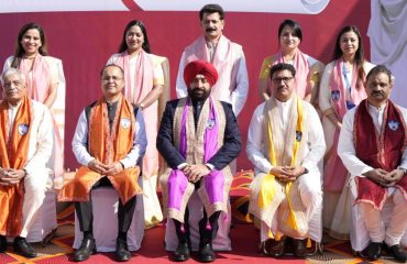 Governor Lt Gen Gurmit Singh (Retd) with the Chancellor of the University and others at the 6th convocation of Swami Ram Himalayan University.