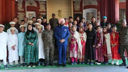 Governor Lt Gen Gurmit Singh (Retd) interacts with the students of Nubra Valley of Union Territory, Ladakh region, who came on “Rashtriya Ekta Yatra”.