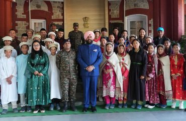 Governor Lt Gen Gurmit Singh (Retd) interacts with the students of Nubra Valley of Union Territory, Ladakh region, who came on “Rashtriya Ekta Yatra”.