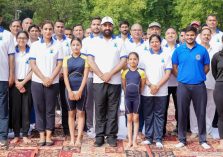 Hon'ble Governor with the officials and employees of Raj Bhawan on the occasion of International Yoga Day.;?>