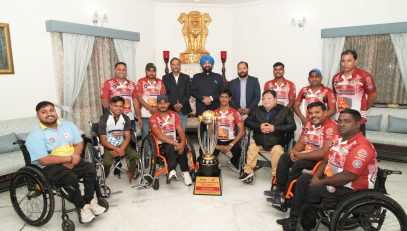 Hon'ble Governor with the players of Uttarakhand Wheelchair Cricket Team.
