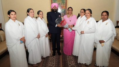 Brahma Kumari Prajapita's sisters meeting the Governor on the occasion of Raksha Bandhan at Raj Bhawan..