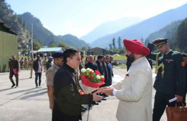 District Magistrate Dr. Meherban Singh Bisht welcoming the Governor on his arrival at Army helipad in Harshil.