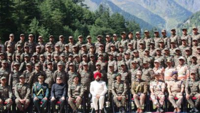 Governor with ITBP soldiers at Sainik Sammelan held in Harshil.