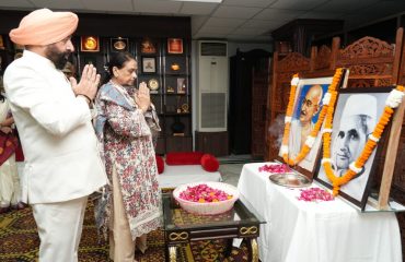 Governor paying tribute to the Father of the Nation Mahatma Gandhi and former Prime Minister Late Lal Bahadur Shastri by offering flowers on their portraits on the occasion of their birth anniversary.