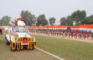 Governor inspecting the parade in the program organized at Police Line, Dehradun on the occasion of State Foundation Day.