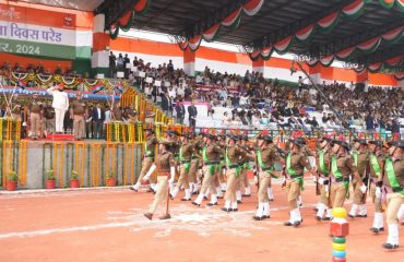 Governor taking salute of the parade in the program organized at Police Line, Dehradun on the occasion of State Foundation Day.