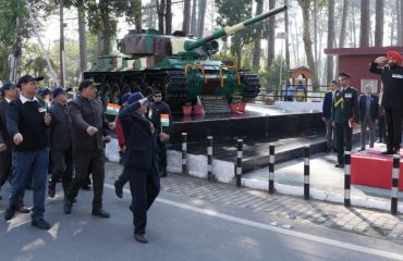 Governor taking salute of the parade of veterans at Shaurya Sthal, Dehradun on the occasion of Armed Forces Veterans Day.