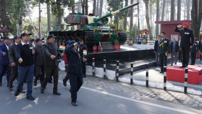 Governor taking salute of the parade of veterans at Shaurya Sthal, Dehradun on the occasion of Armed Forces Veterans Day.