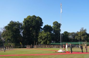 Governor taking salute after hoisting the national flag at Raj Bhawan on the occasion of 75th anniversary of Republic Day.