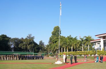 Governor taking salute after hoisting the national flag at Raj Bhawan on the occasion of 75th anniversary of Republic Day.