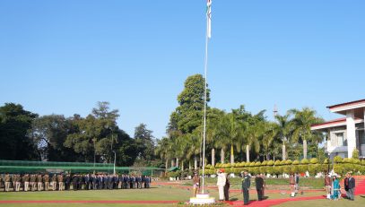 Governor taking salute after hoisting the national flag at Raj Bhawan on the occasion of 75th anniversary of Republic Day.