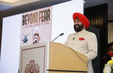 Governor addressing the book release event of “Beyond Fear: A Personal Journey to Soma” in New Delhi.